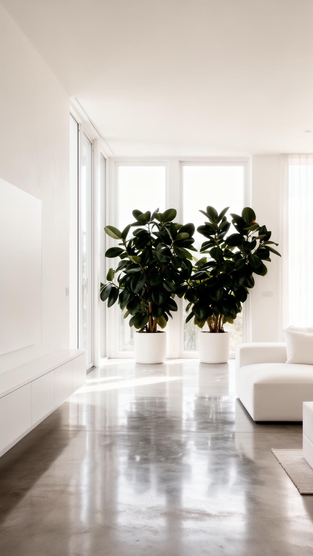Sunlit minimalist interior with deep green plants — a sanctuary of health